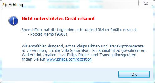 Warnhinweis SpeechExec Pro